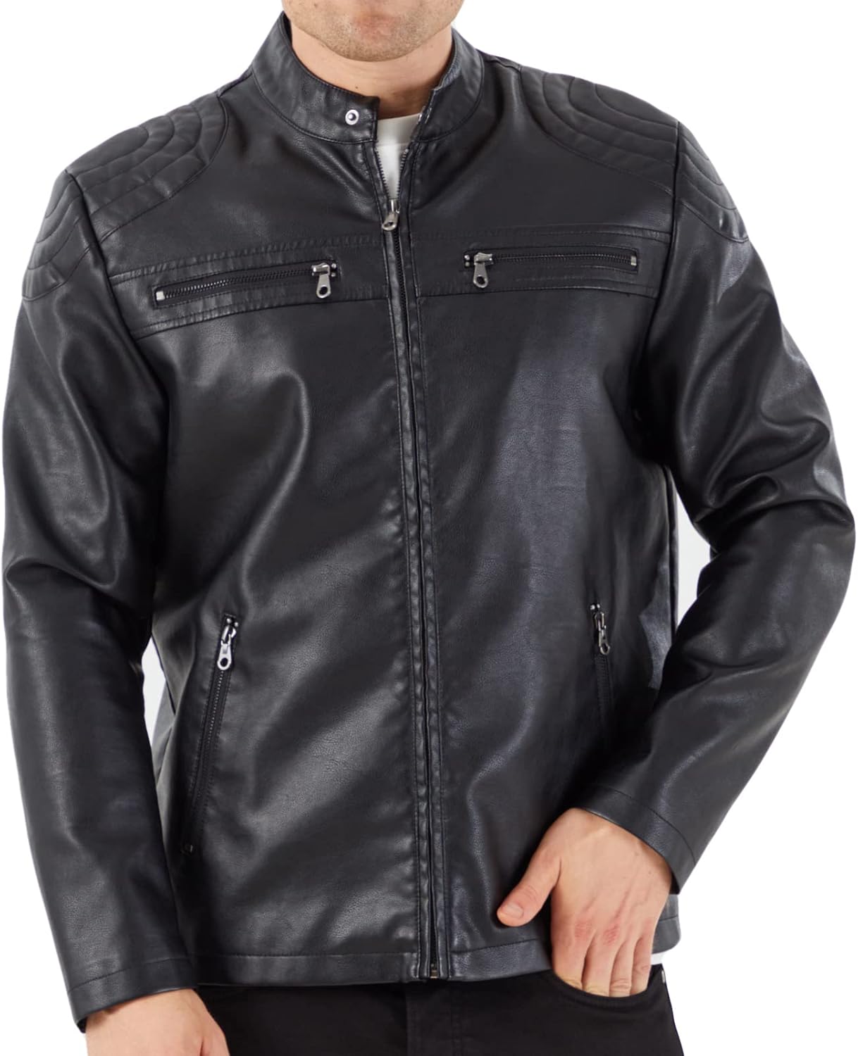 Men's Stand Collar Leather Jacket Motorcycle Lightweight Faux Leather Outwear