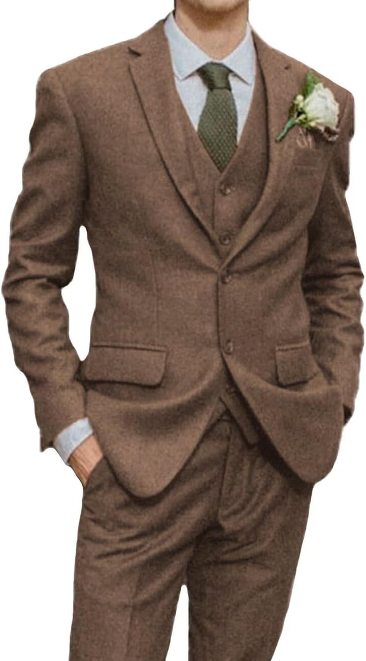 Retro 3 Piece Herringbone Tweed Suit Men's Wool Tuxedos Set Prom Brown Jacket Blazer Vest Pants Themed Wedding