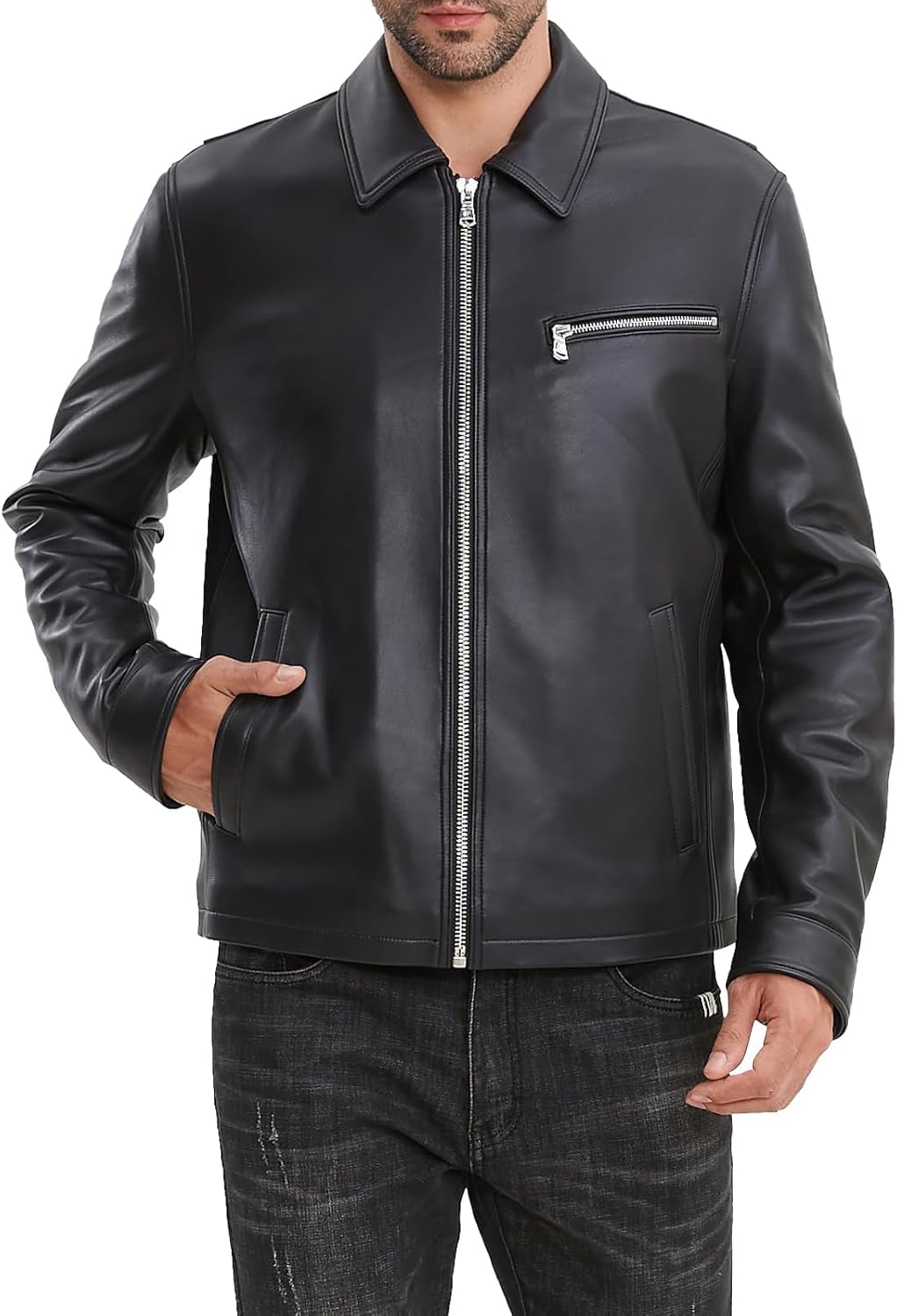 Leather Jacket Men,Classic Lambskin Jacket with Full Zip Front,Casual Style,Tailored Design,Metal Snap Cuffs