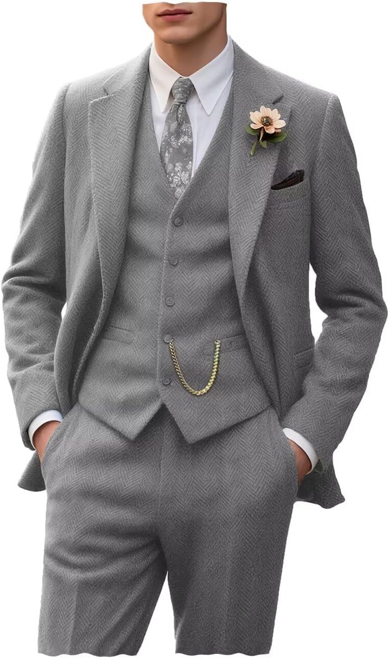 Retro Tweed Men's Suit 3 Piece Slim Fit Herringbone Suits Groom Tuxedos Set Wedding Prom Blazer Jacket Vest Pants for Men