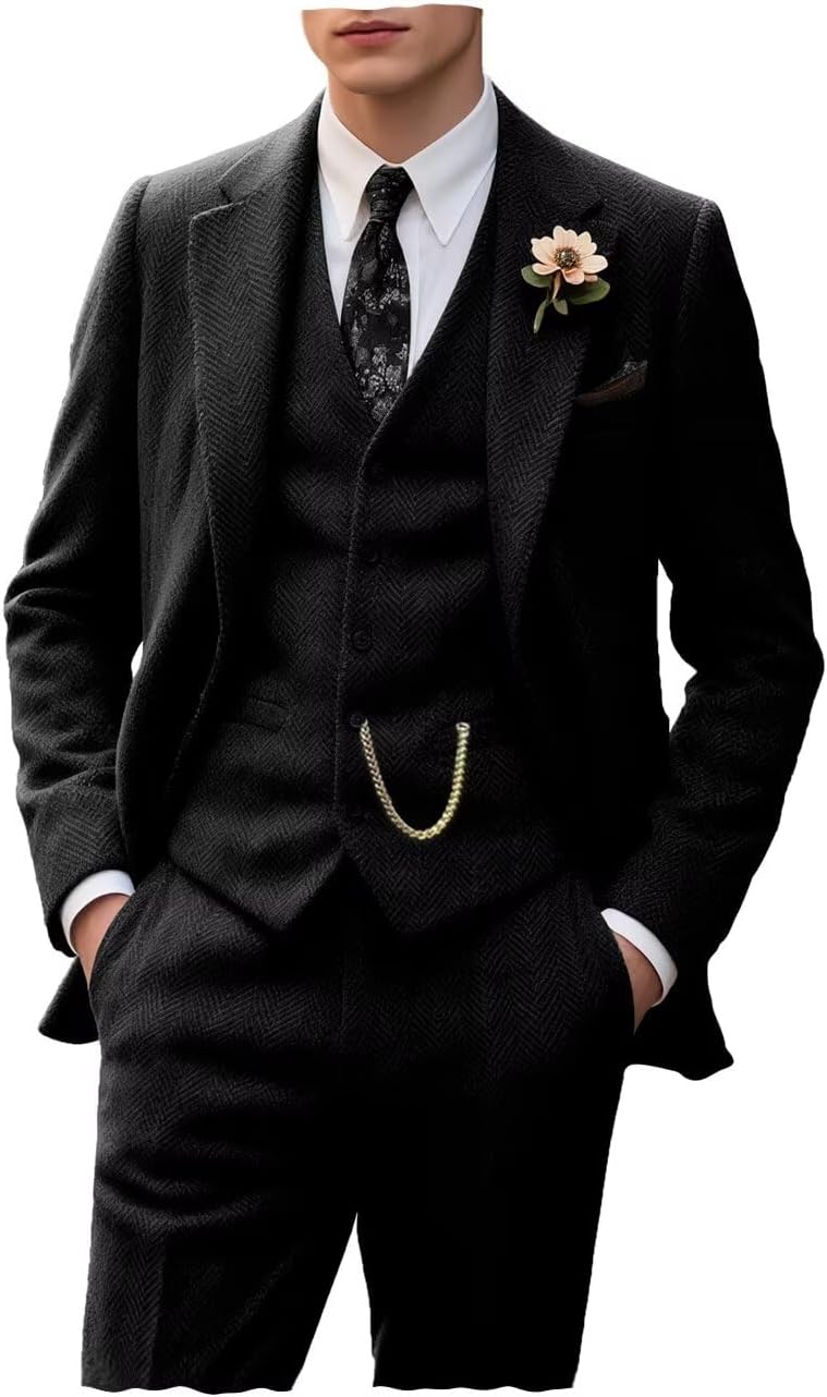 Retro Tweed Men's Suit 3 Piece Slim Fit Herringbone Suits Groom Tuxedos Set Wedding Prom Blazer Jacket Vest Pants for Men