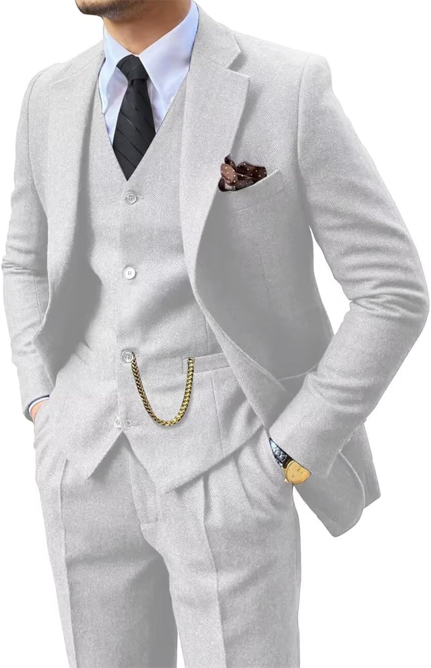 Retro 3 Piece Suit Tweed Herringbone Men's Suits Slim Fit Groom Tuxedos Set Prom Brown Grey Jacket Blazer Vest Pants