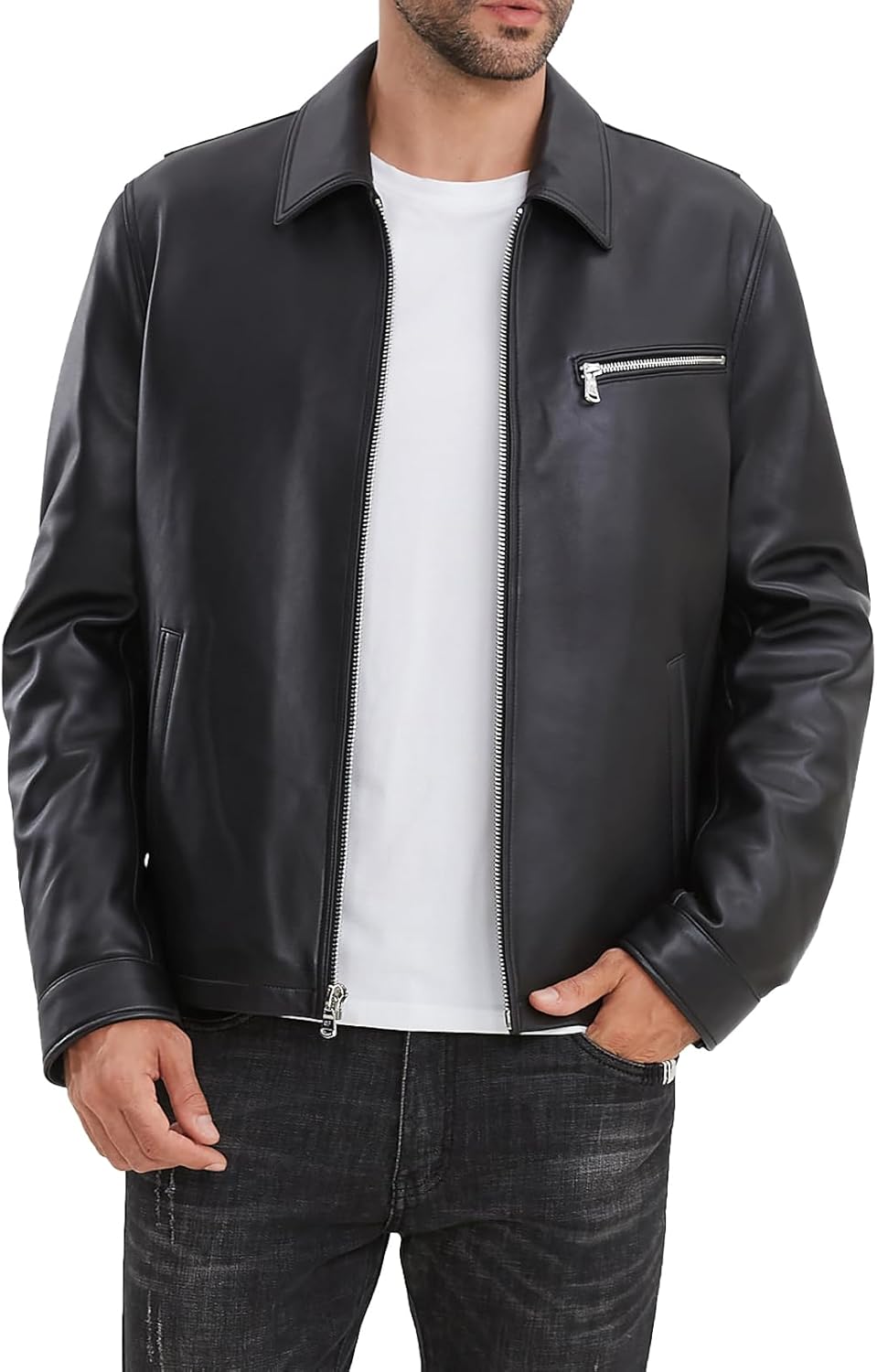 Leather Jacket Men,Classic Lambskin Jacket with Full Zip Front,Casual Style,Tailored Design,Metal Snap Cuffs - Image 2
