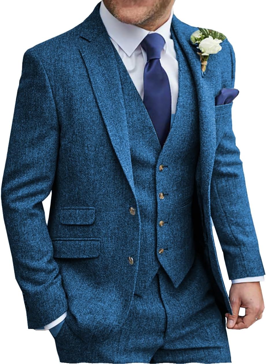 Men Suit Classic Regular Fit 3 Piece Tweed Herringbone Wool Jacket Tuxedos Wedding Grooms Blazer+Vest+Pants - Image 2