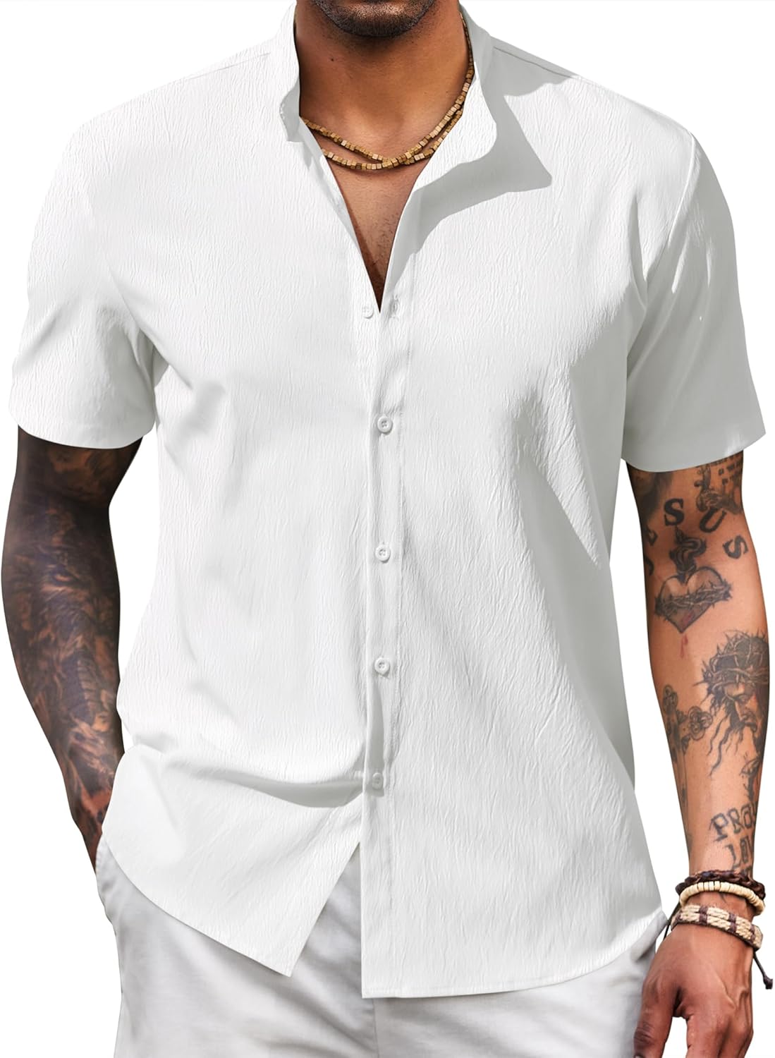 Men's Casual Button Down Short Sleeve Shirt Band Collar Shirts Textured Beach Summer Shirt