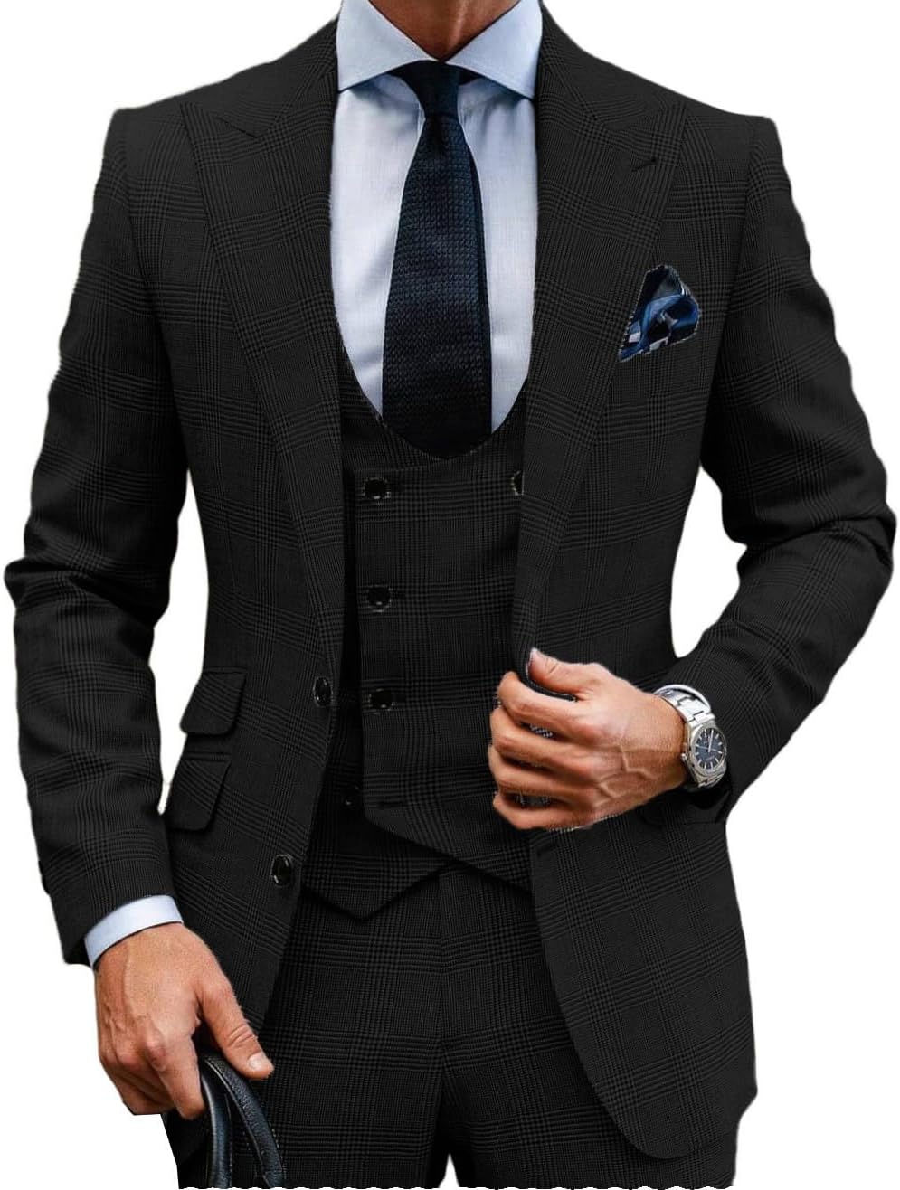 Casual Men's Suits Regular Fit 3 Piece Double Breasted Wool Plaid Tuxedos Business Blazer+Vest+Pants Wedding - Image 2