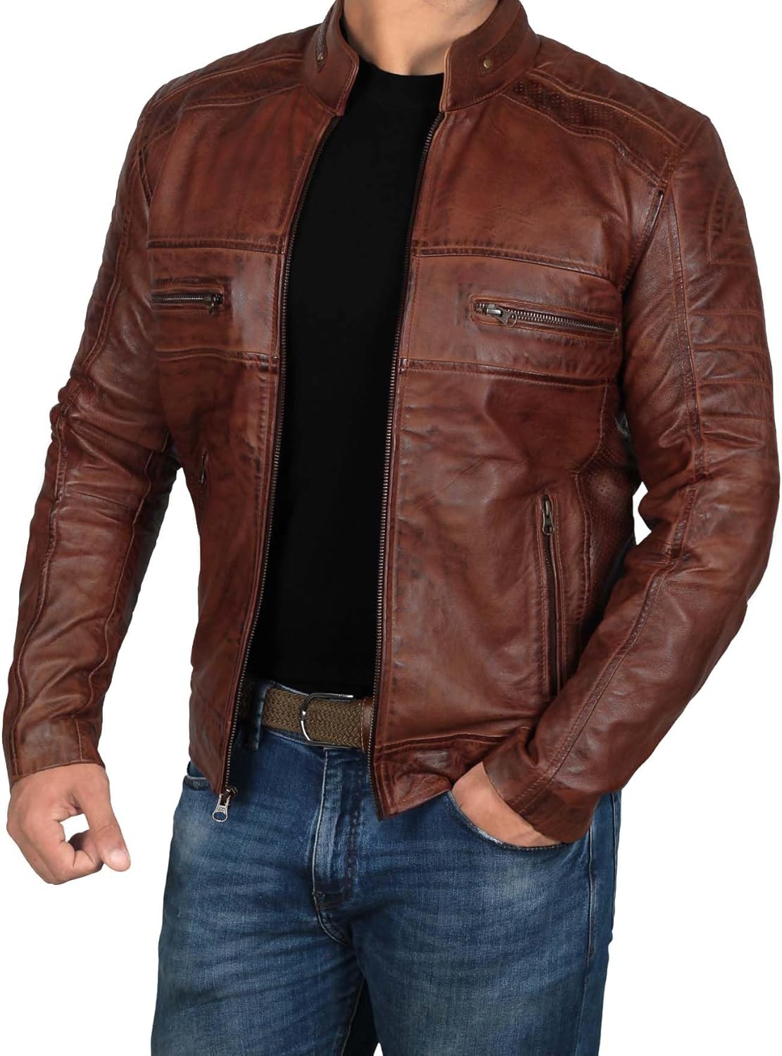 Real Leather Jacket Men - Motorcycle Black and Brown Leather Jacket - Image 2