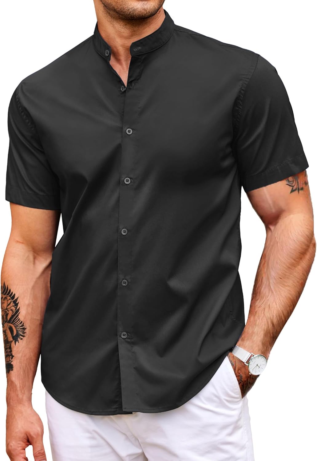 Muscle Fit Dress Shirts for Men Banded Collar Casual Button Down Shirts
