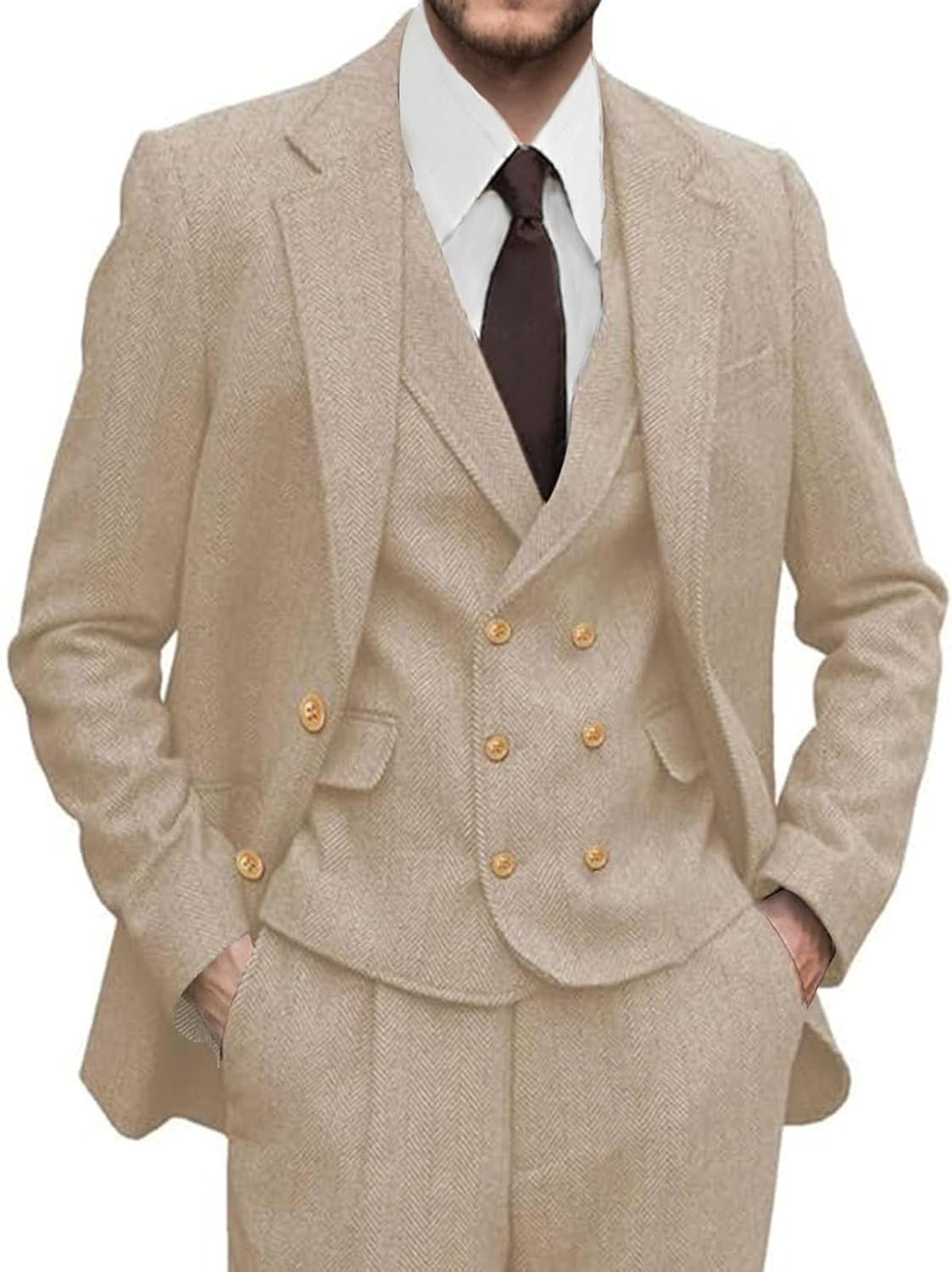 Men's 3 Pieces Suit Retro Slim Fit Suit Wool Tweed Herringbone Business Formal Suit Wedding Party Tuxedos