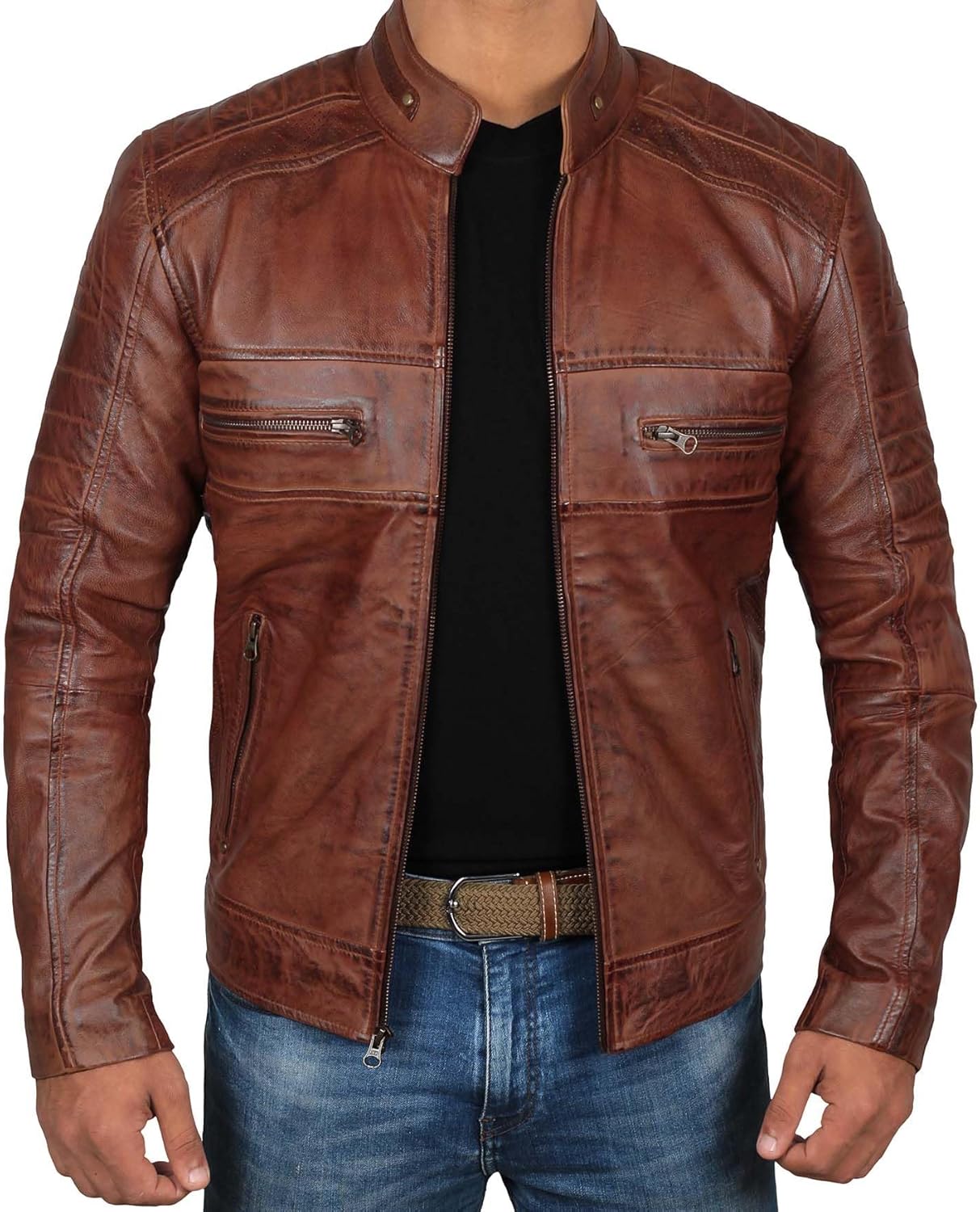 Real Leather Jacket Men - Motorcycle Black and Brown Leather Jacket
