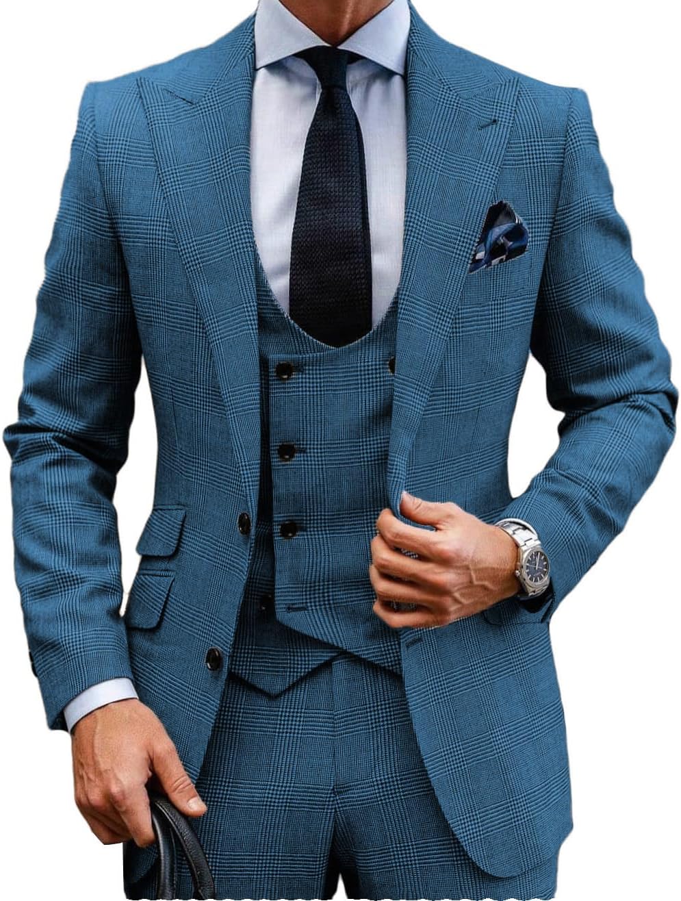 Casual Men's Suits Regular Fit 3 Piece Double Breasted Wool Plaid Tuxedos Business Blazer+Vest+Pants Wedding