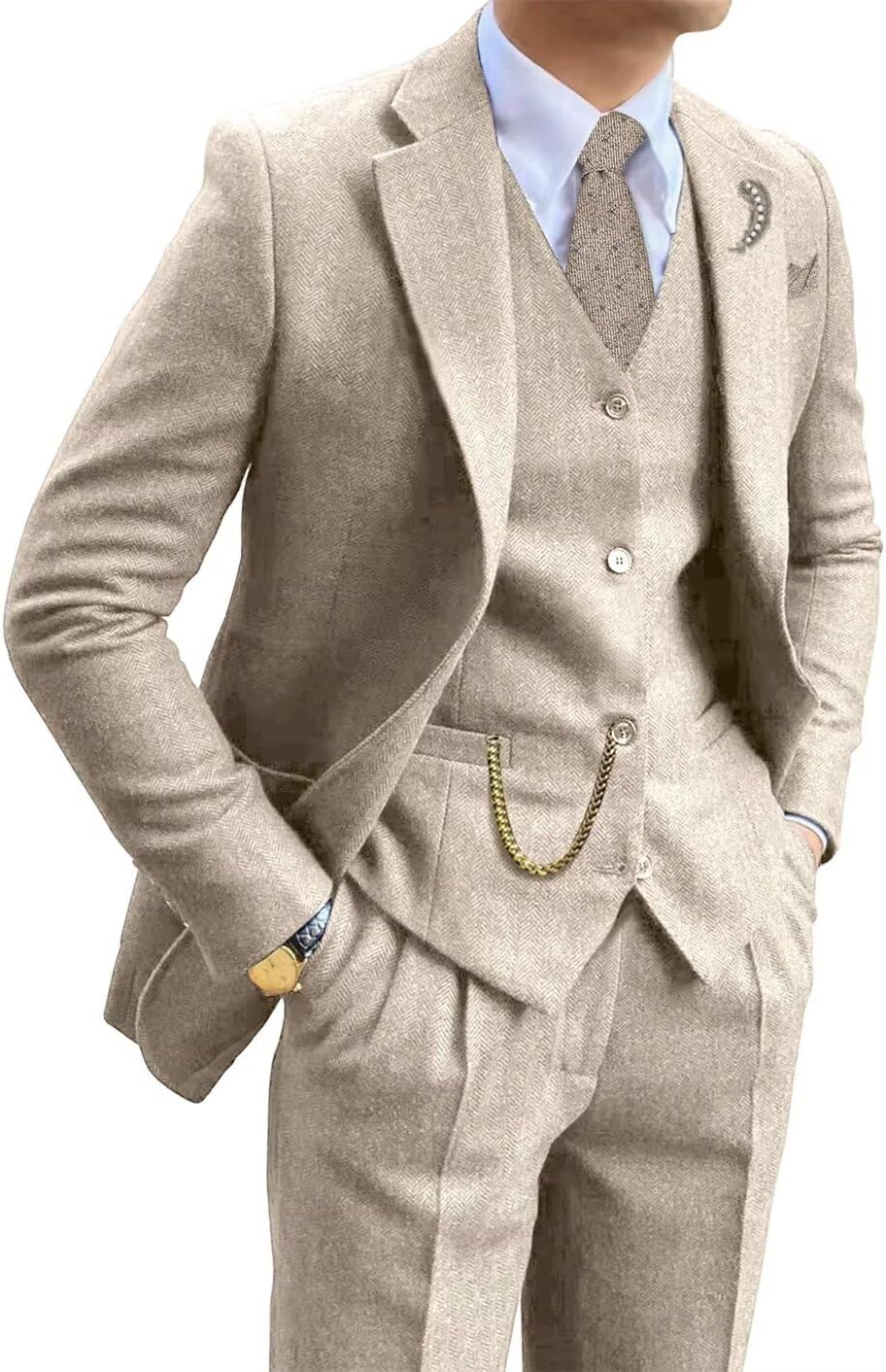 Retro Tweed Brown Men Suit 3 Piece Herringbone Slim Fit Suits Wedding Tuxedos Set Prom Jacket Blazers Vest Pants for Mens