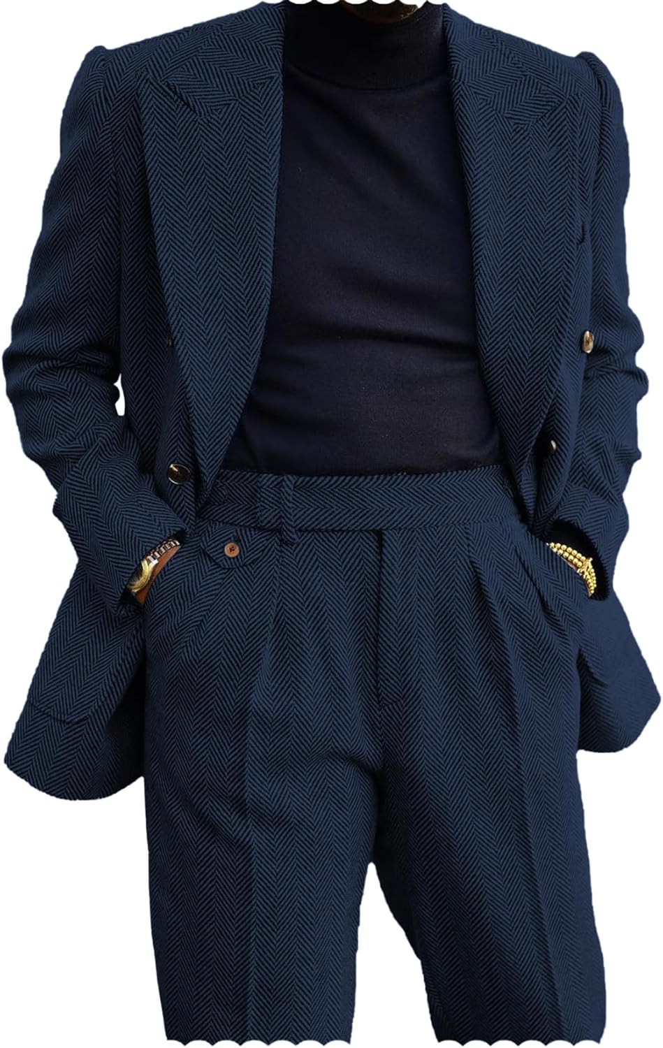 Men's 2 Piece Tweed Herringbone Suit Double-Breasted Tuxedo Party Wedding Blazer and Pants Set