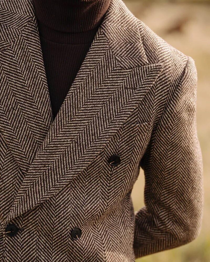 Men's 2 Piece Tweed Herringbone Suit Double-Breasted Tuxedo Party Wedding Blazer and Pants Set - Image 2