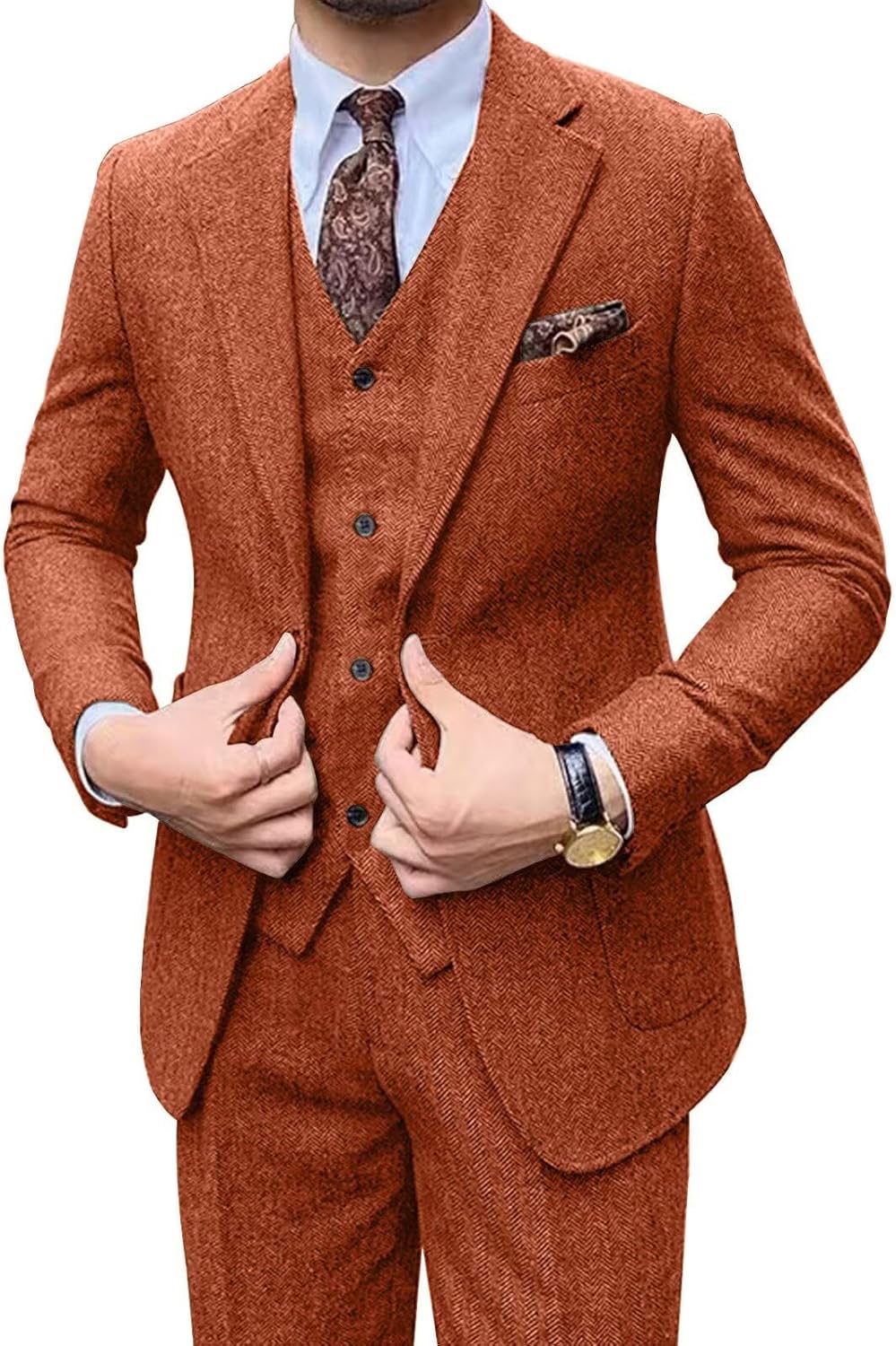 Retro Men Suit 3 Piece Tweed Herringbone Men's Suits Wool Jacket Tuxedos Wedding Grooms Blazer Vest Pants Set Prom