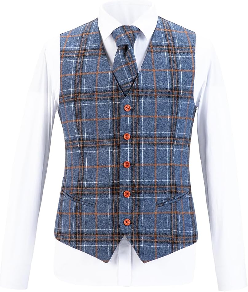 Men Wool Tweed Checked Suit 3 Piece Wedding Party Blazer Vest Pants - Image 2