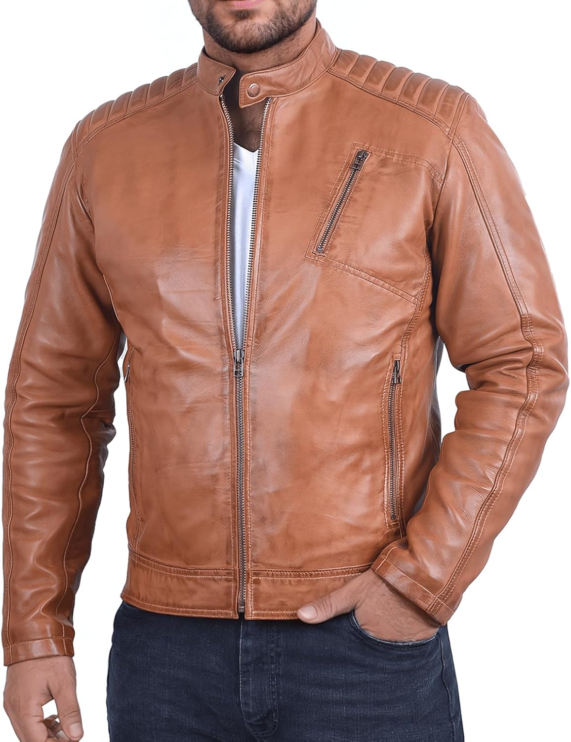 Premium Soft Lambskin Leather Men's Motorcycle Jacket - Vintage Cafe Racer with a Modern Twist