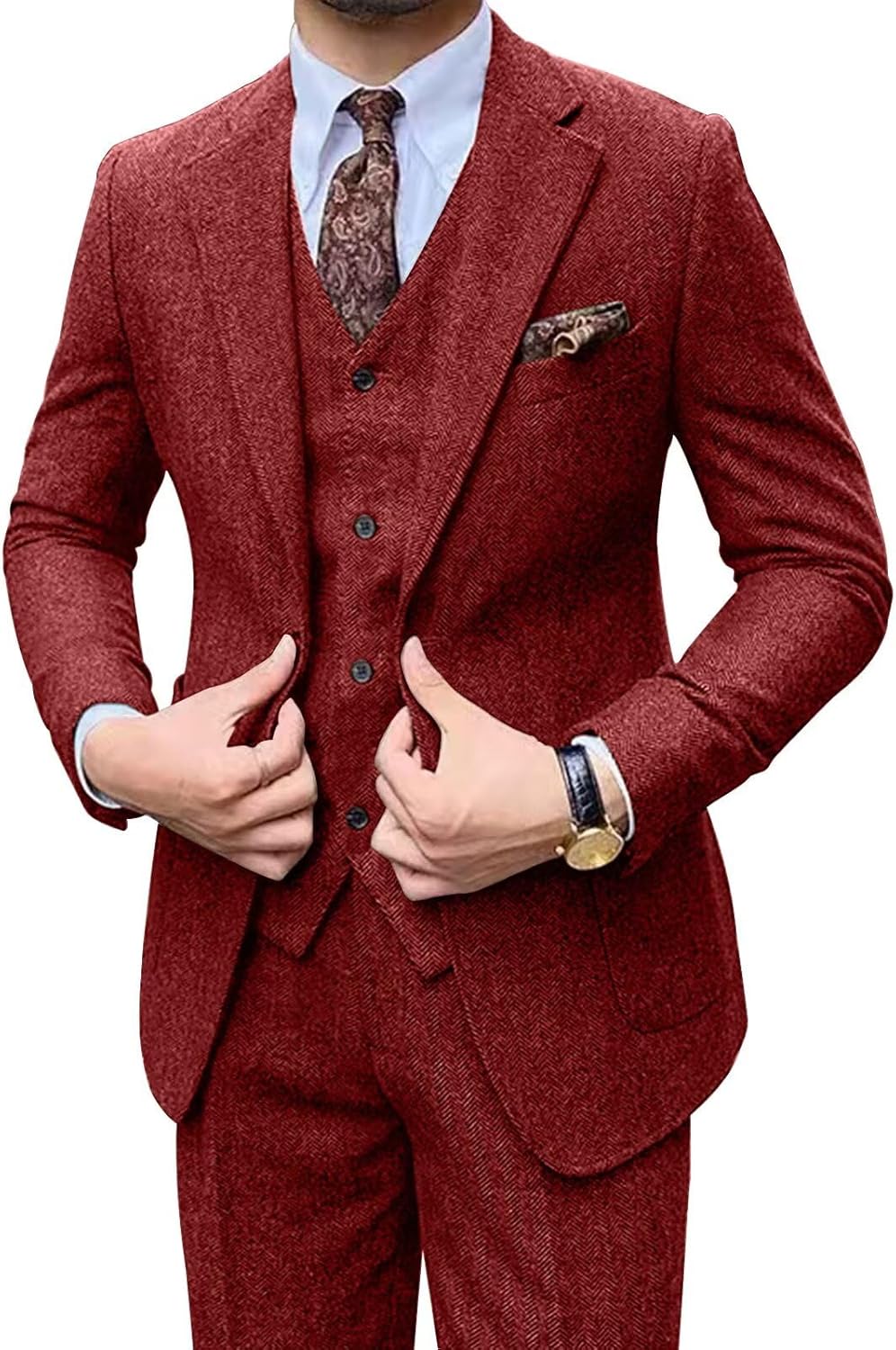 Retro Men Suit 3 Piece Tweed Herringbone Men's Suits Wool Jacket Tuxedos Wedding Grooms Blazer Vest Pants Set Prom