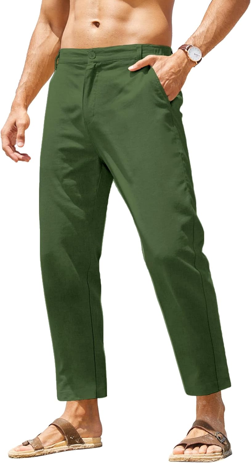 Men's Cotton Linen Pants Elastic Waist Lightweight Casual Pants Relaxed Fit Yoga Beach Pants with Pockets
