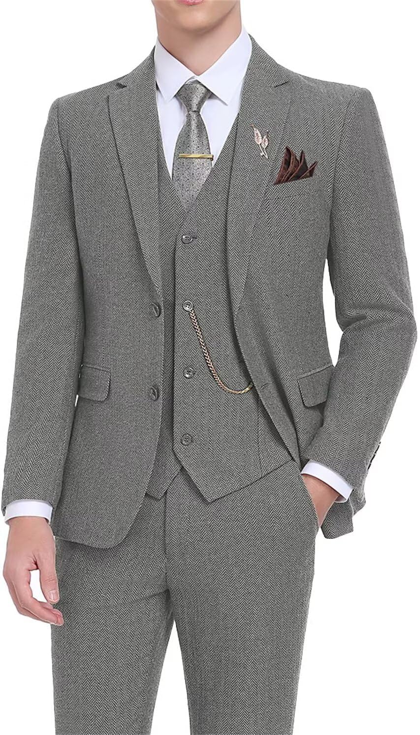 Retro Tweed Men's Suit 3 Piece Slim Fit Herringbone Suits Groom Tuxedos Set Wedding Prom Blazer Jacket Vest Pants for Men - Image 2