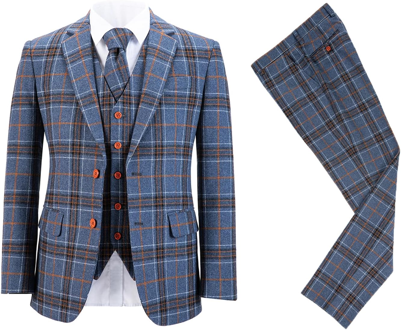 Men Wool Tweed Checked Suit 3 Piece Wedding Party Blazer Vest Pants