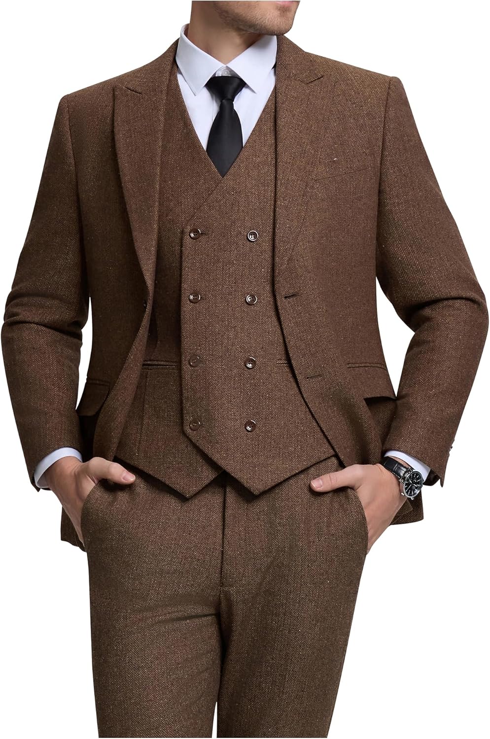 Men's Suits Herringbone Tweed Suits for Men Retro 3 Piece Peak Lapel Blazer Wedding Prom Suit Jacket Vest Pants Set