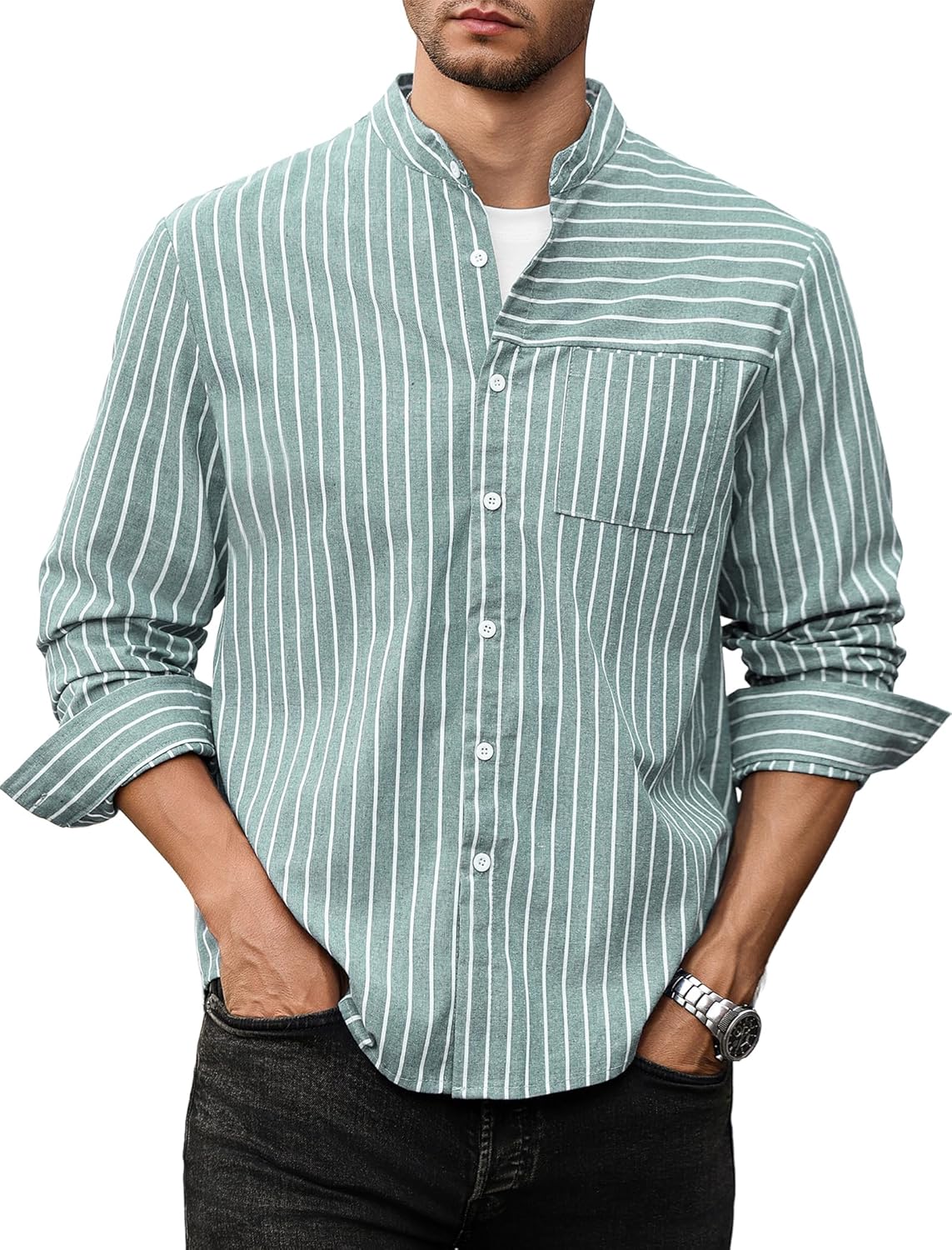 Men's Casual Button-Down Shirts Long Sleeve Striped Cuban Guayabera Banded Collar with Pocket All-Day Shirt Tops