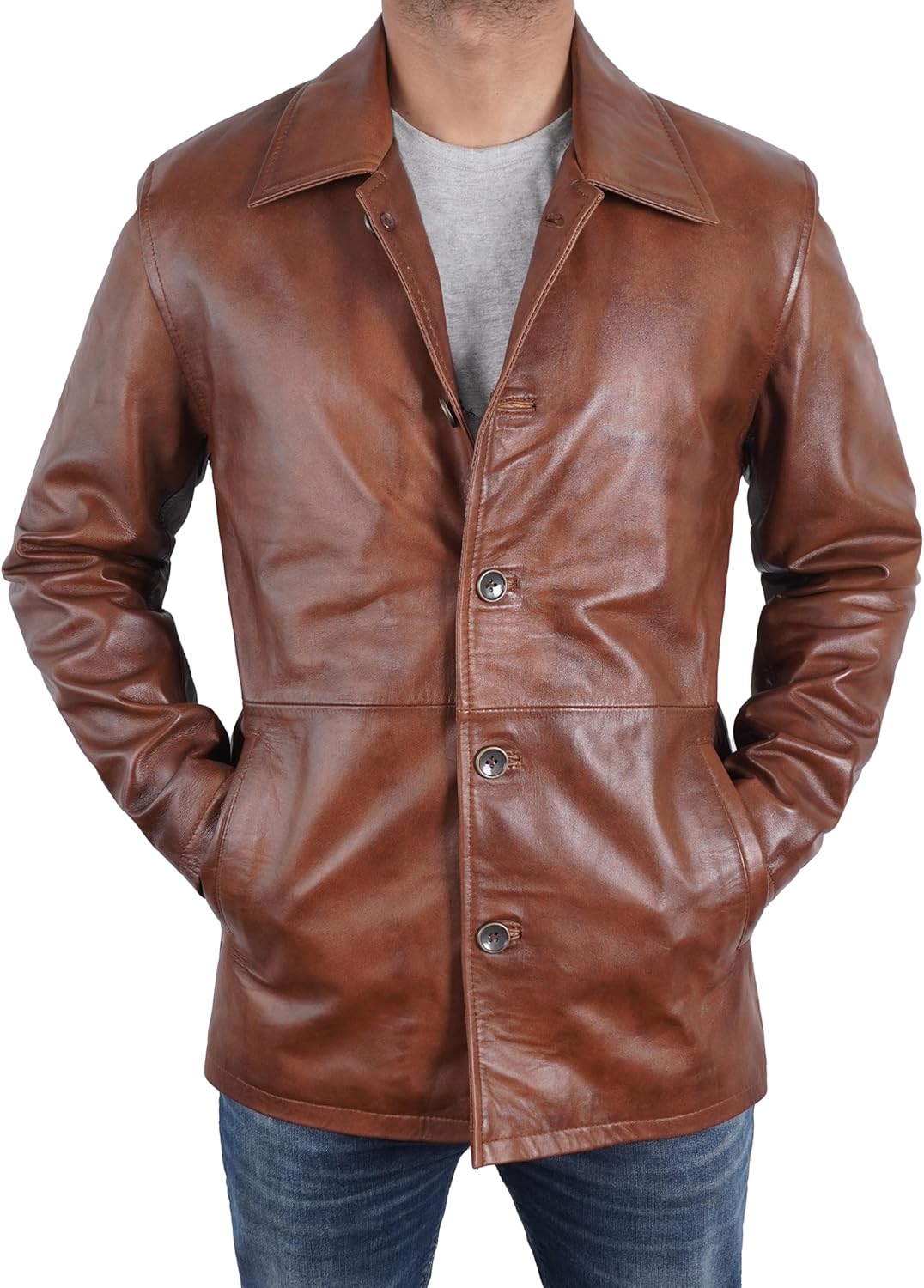Mens Classic Winter Leather Car Coat 3/4 Length - Button Up Real Lambskin Long Jacket - Image 2