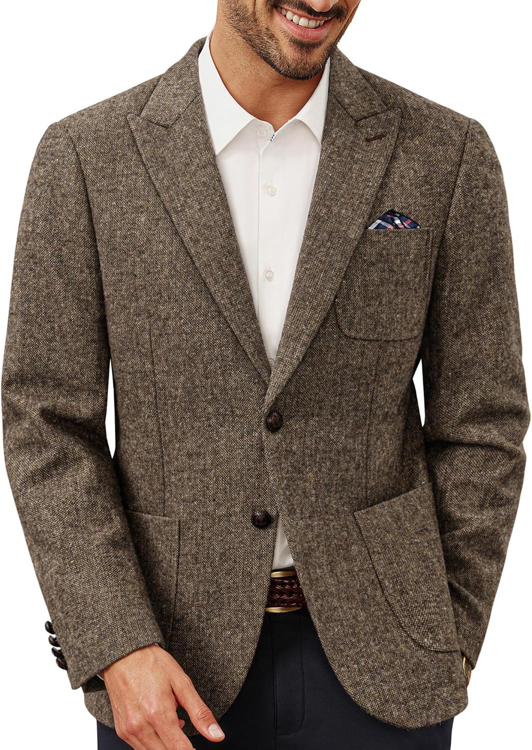 Mens Blazer Wool Blend Tweed Sport Coat Two Button Peaked Lapel Vintage Suit Jackets