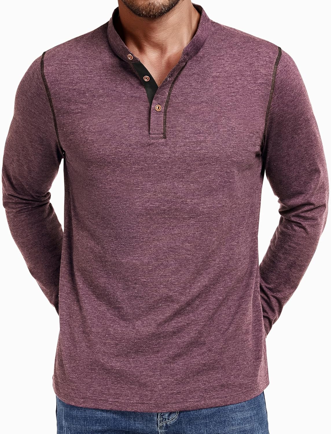 Men's Henley Long Sleeve T-Shirt Casual Shirt Banded Collar Designed Placket Tees Tops - Image 2