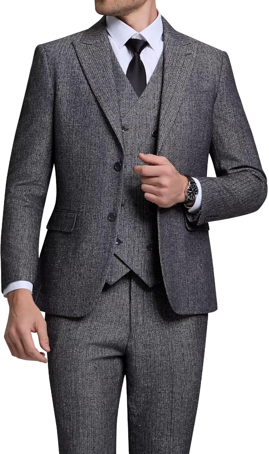 Vintage Tweed Herringbone Suits for Men 2 Button Slim Fit 3 Piece Formal Wool Suit Jacket Vest Pants Men Prom Dress Tuxedo